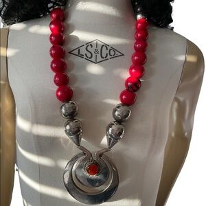 Vintage One of a Kind Handcrafted.  Silver metal Red /coral large beads.